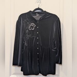 J. Jill Black Velvet Embroidered Button Down Top Medium Stretch Floral Holiday